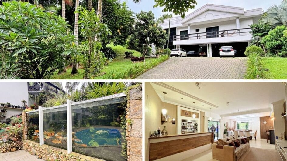 Montagem mostra mansão de R$ 11 milhões à venda em Blumenau, com fachada, aquário gigante na área externa e ambiente interno.
