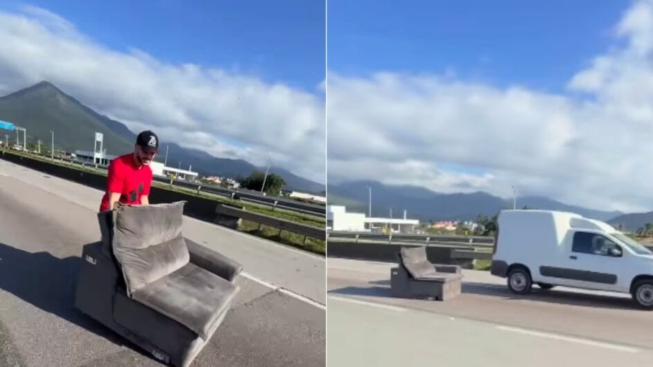 Momento inusitado em que sofá cai na BR-101 na Grande Florianópolis (Foto: Divulgação, Redes Sociais)