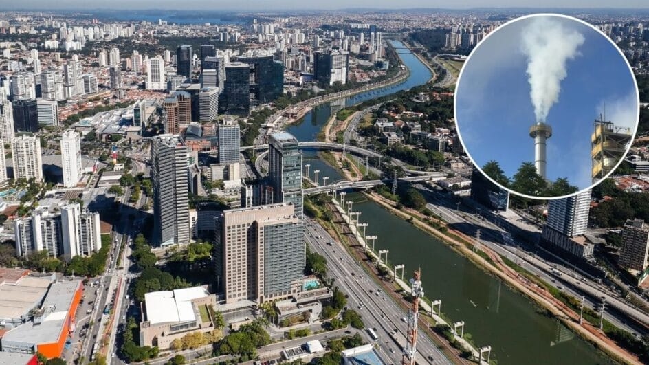 Foto aérea de Santo Amaro, em São Paulo, com chaminé da fábrica Isobver Saint-Gobain