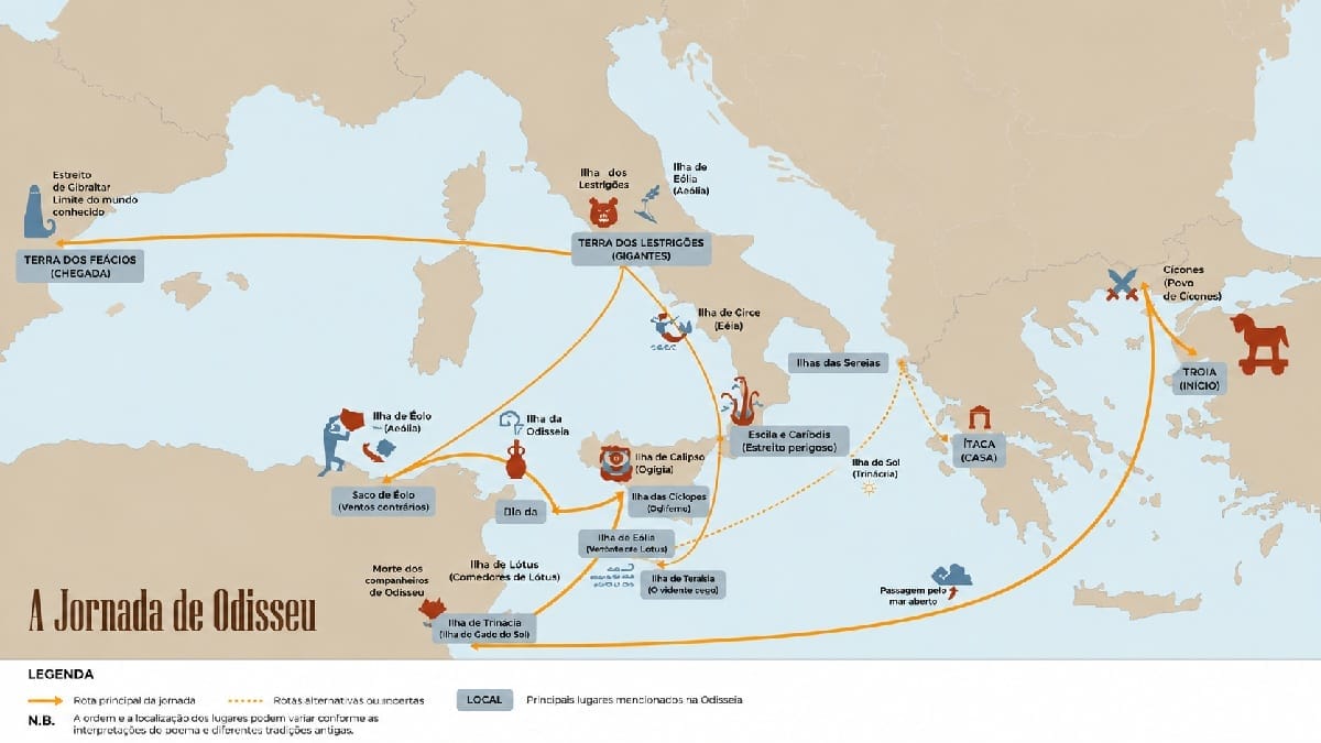 Mapa mostra uma das possíveis reconstruções da viagem de Odisseu pelo Mediterrâneo (Foto: Giulia Zoccarato / Wikimedia Commons / Imagem Traduzida)
