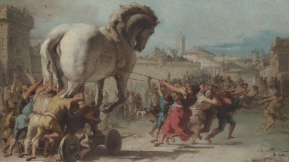 Cavalo de Troia é levado para dentro da cidade em pintura de Giovanni Domenico Tiepolo (Foto: Giovanni Domenico Tiepolo / Wikimedia Commons)