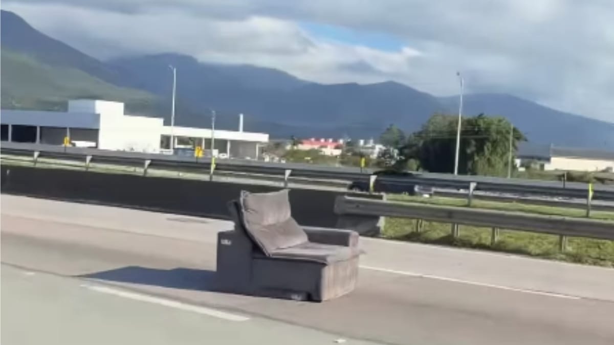 Sofá cai na BR-101 na região de Palhoça (Foto Divulgação, Redes Sociais)