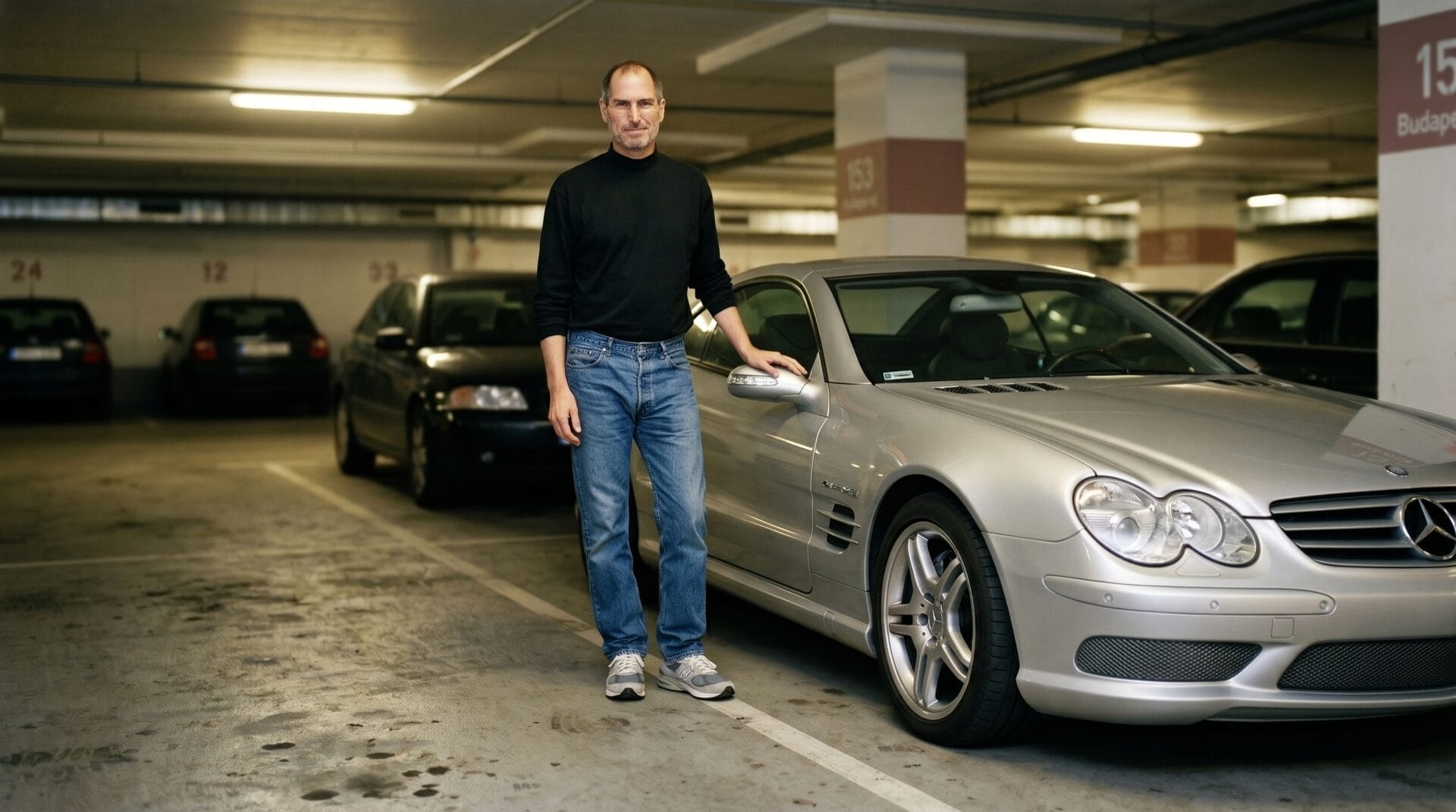 Imagem mostra Steve Jobs em pé com camisa preta e calça jeans ao lado de um carro da Mercedes-Benz, modelo usado por ele