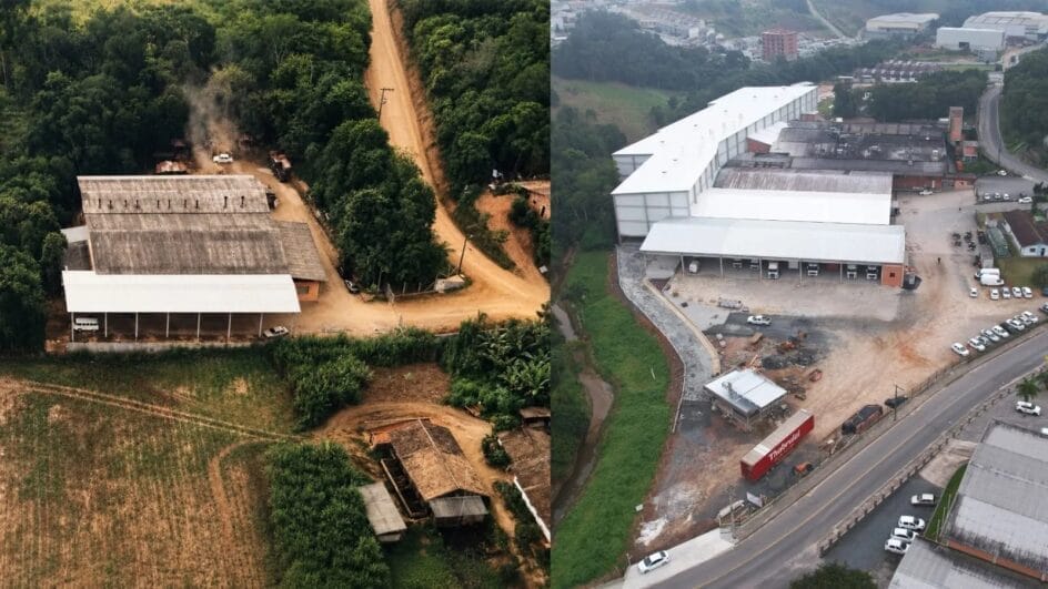 Comparação entre a antiga e a atual fábrica da Thabrulai, em Blumenau, mostrando a expansão da empresa criada pela família Hostin e a evolução da produção de pães.