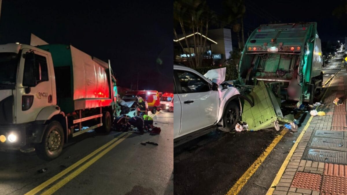 Caminhonete atingiu traseira de caminhão de coleta de lixo (Foto: PMSC, Divulgação)