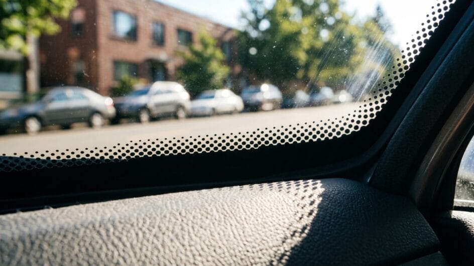 Foto mostra pontinhos pretos em close em parte de para-brisa em um carro parado na rua