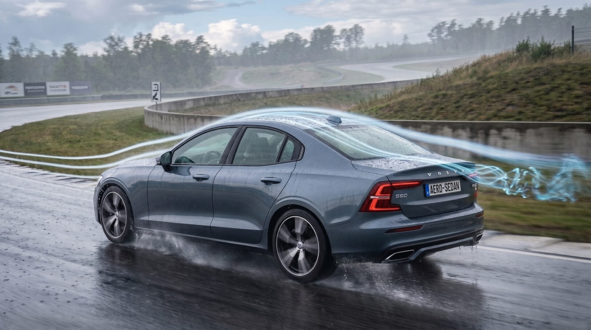 foto mostra um carro modelo volvo numa estrada em dia de chuva para ilustrar reportagem sobre falta de limpador traseiro no carro sedã