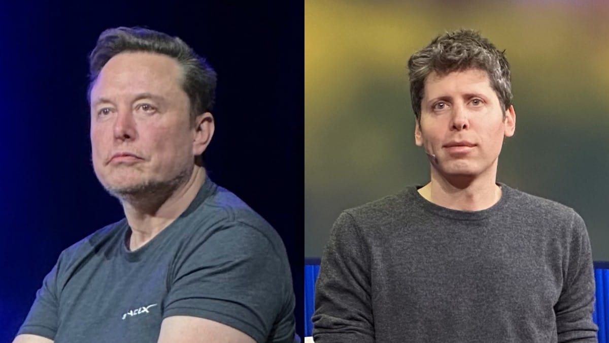 Montagem fotográfica mostrando Elon Musk à esquerda e Sam Altman à direita, ambos com expressões sérias
