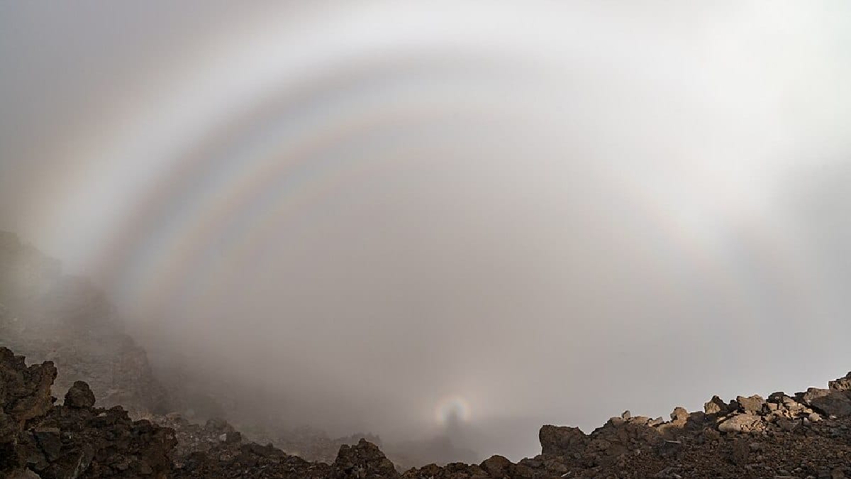 O espectro de Brocken projeta a sombra do observador sobre a neblina, enquanto gotículas de água produzem anéis coloridos ao redor dela (Foto: Juris Seņņikovs / Wikimedia Commons)