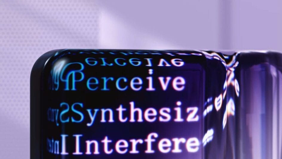 Dispositivo portátil metálico futurista e fino, com a tela exibindo gráficos brilhantes de inteligência artificial.