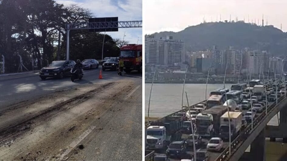 Quatro faixas precisaram ser interditadas na saída da Ponte Colombo Salles (Foto: CBMSC, Divulgação; NSC TV, Reprodução)