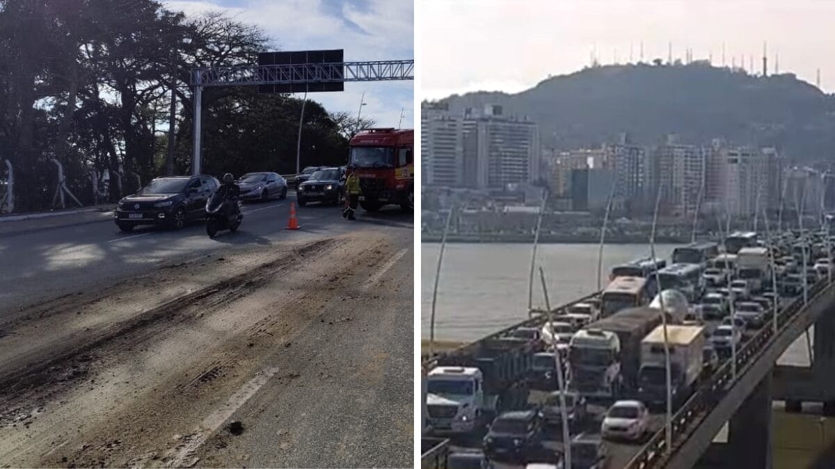 Quatro faixas precisaram ser interditadas na saída da Ponte Colombo Salles (Foto: CBMSC, Divulgação; NSC TV, Reprodução)