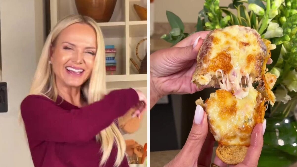 Montagem mostra a apresentadora Eliana e a receita de sanduíche cremoso na airfryer.