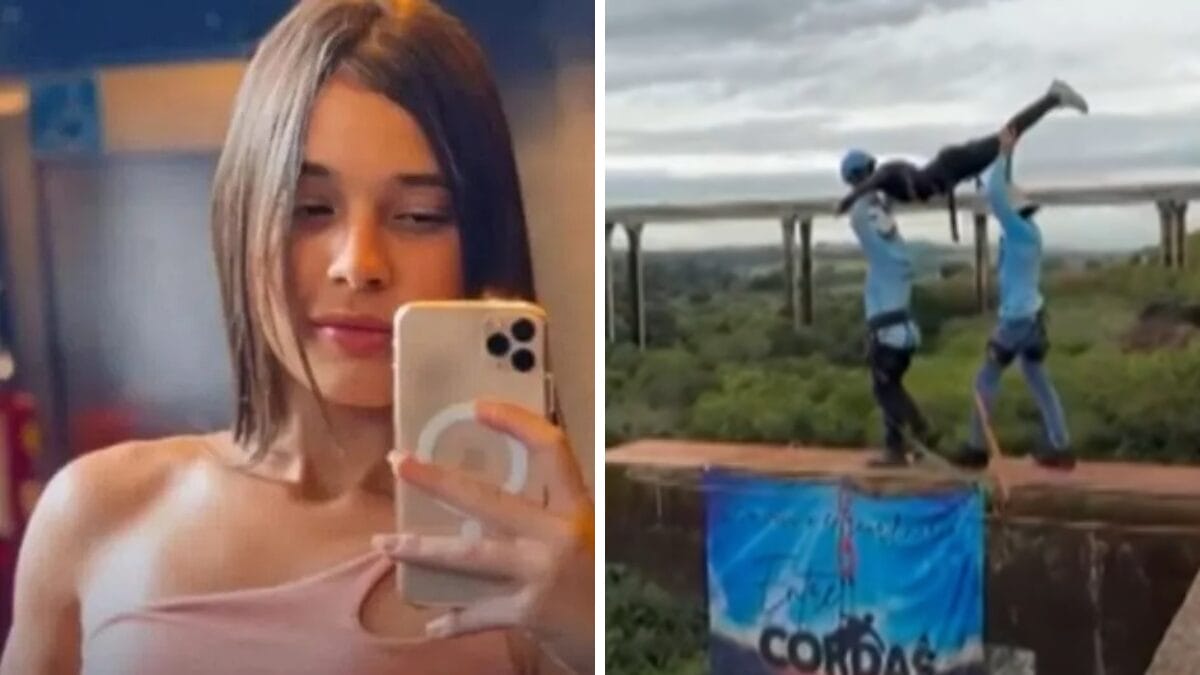 Momento que Maria Eduarda foi lançada em salto de rope jump foi gravado pelo celular dela (Foto: Redes sociais, Reprodução; Fantástico, Reprodução)