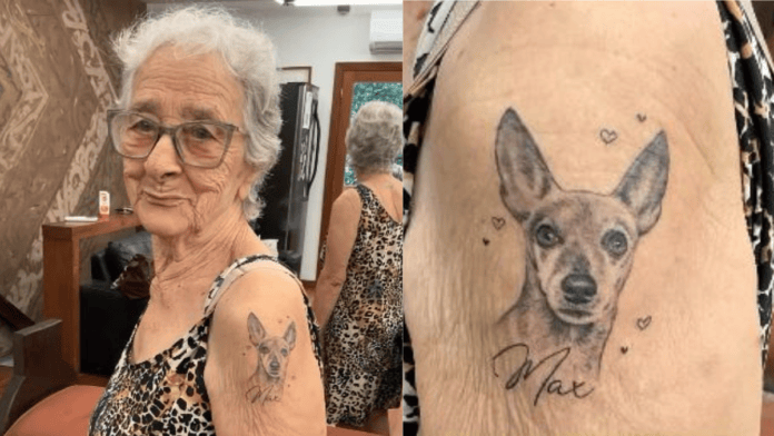 Dona Sueli mostra a tatuagem feita em homenagem ao cachorro Max Crédito: Instagram/@brunavitoi