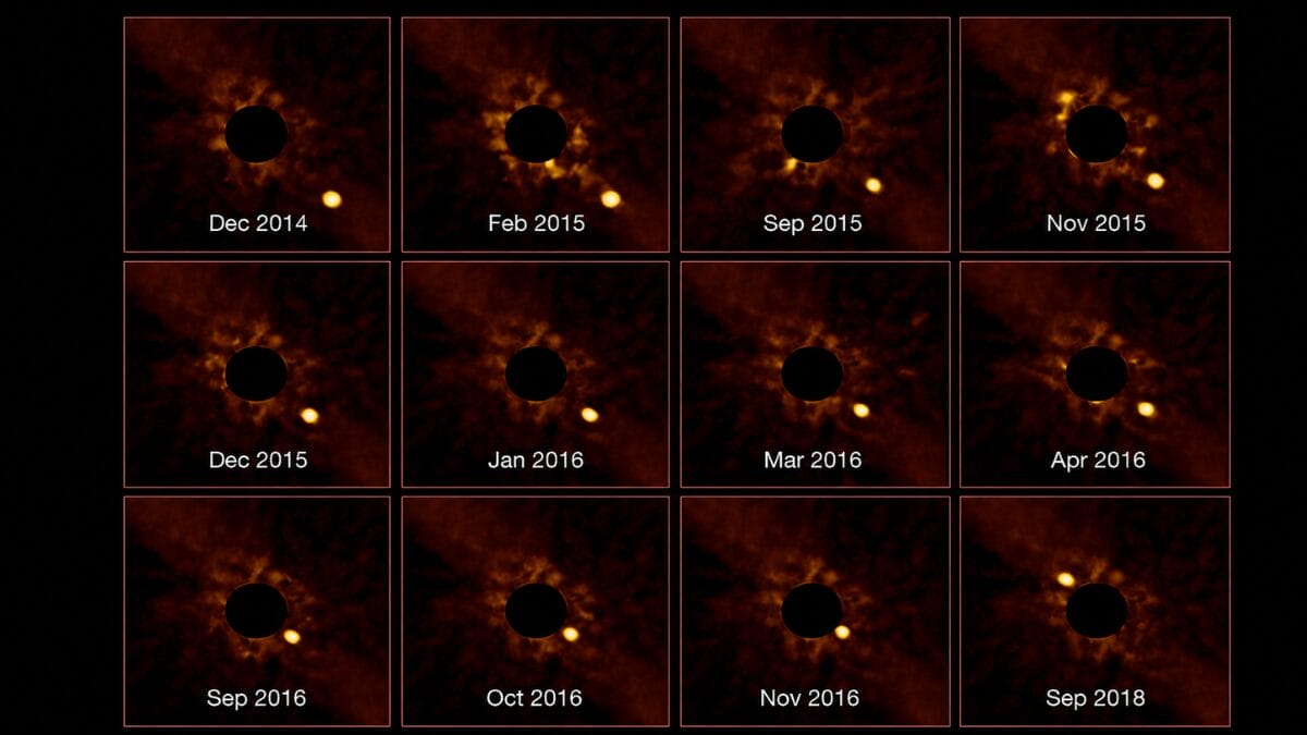 Encontrá-los, porém, exige vencer o brilho da estrela: nesta sequência, a luz de Beta Pictoris foi bloqueada para revelar o pequeno ponto ocupado pelo planeta Beta Pictoris b (Foto: ESO/Lagrange/SPHERE consortium / Wikimedia Commons)