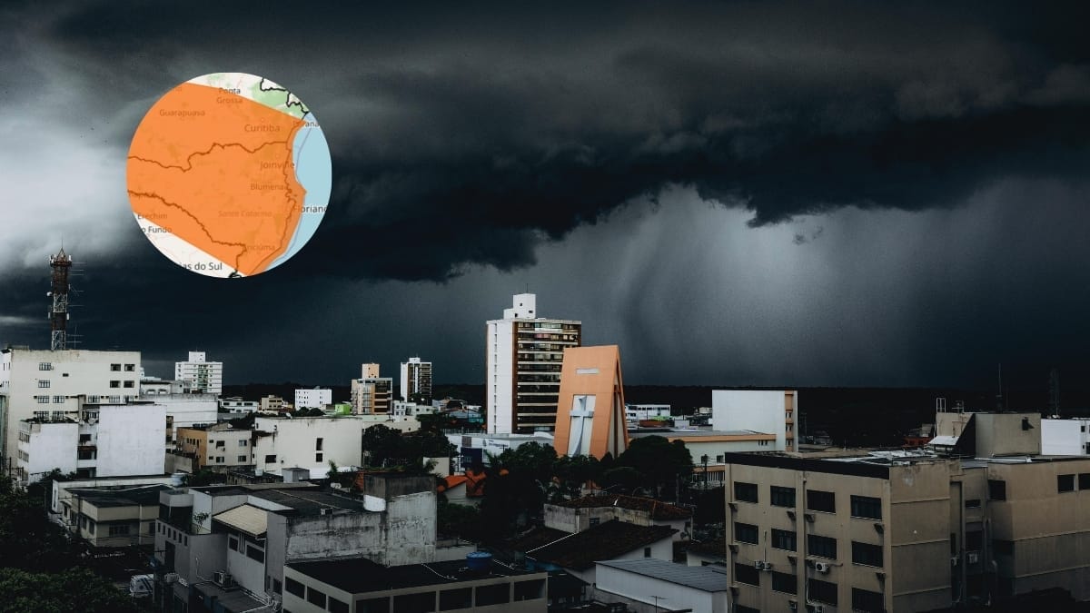 Áreas que estão abrangidas pelo alerta laranja de tempestade (Foto Banco de imagens, Inmet, Reprodução)