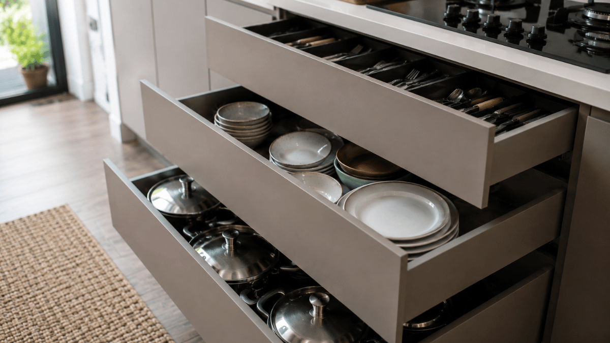Gavetas profundas ganham espaço nos projetos de cozinha ao deixar panelas, louças e utensílios mais fáceis de alcançar (Foto: Ilustração gerada por IA)