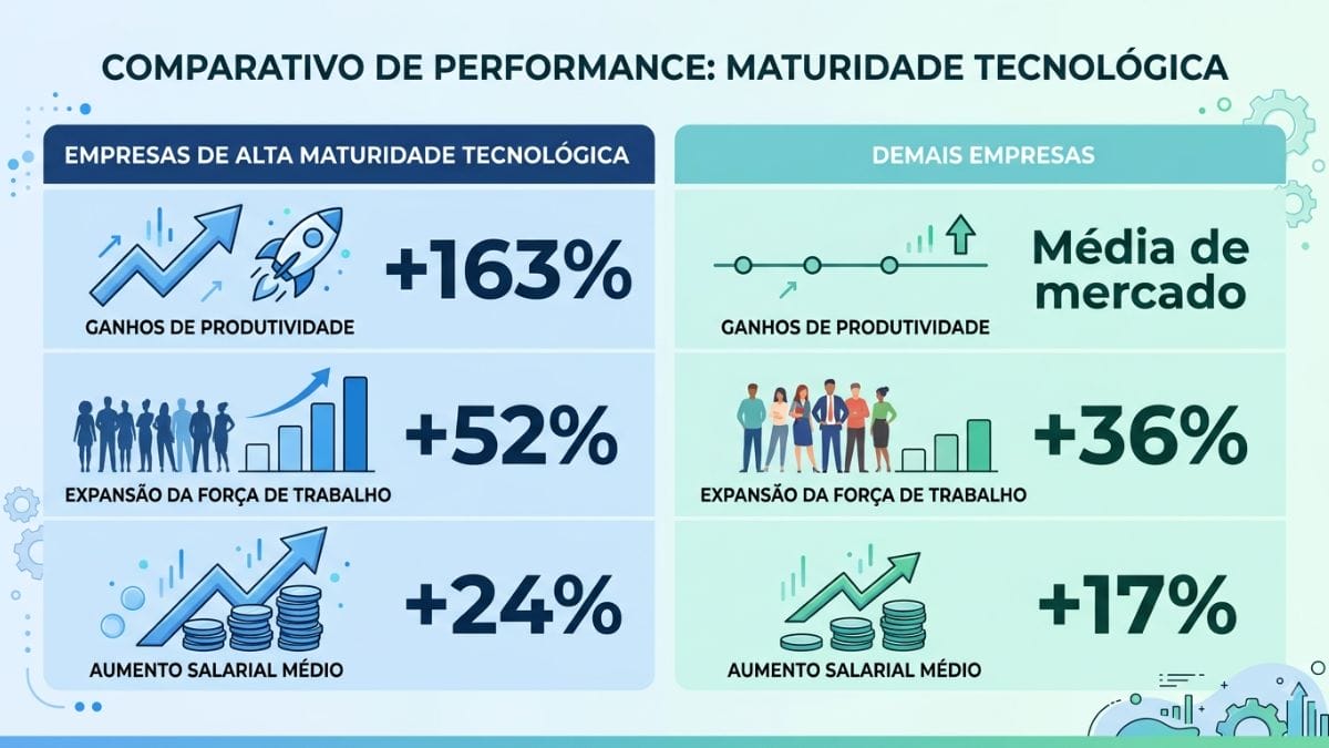 Tabela compara empresas de alta e baixa maturidade tecnológica quanto à produtividade, ao crescimento das equipes e à remuneração dos funcionários