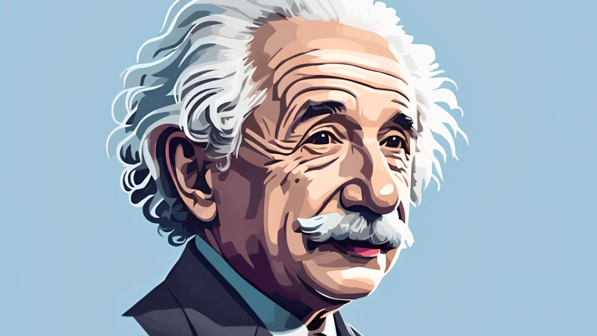 Ilustração de de Albert Einstein em contexto de trabalho ou evento público, e não a foto da língua para fora.