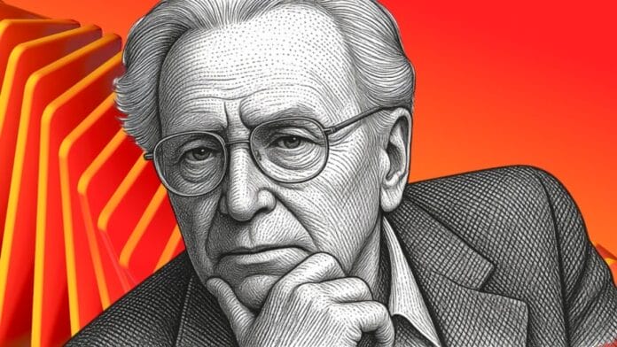 Gravura de Viktor Frankl em fase madura, de óculos, em ambiente de trabalho
