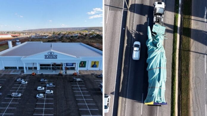 Havan em Caldas Novas e estátua da empresa sendo transportada para Goiás