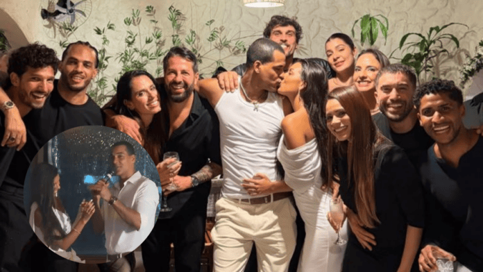Mell Muzzillo e Marcello Melo Jr. reúnem amigos em jantar de noivado e trocam alianças antes de nova parceria na TV