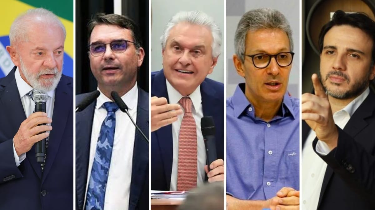 Pesquisa testou Lula com Flávio Bolsonaro, Ronaldo Caiado, Romeu Zema e Renan Santos (Foto: Divulgação, Agência Brasil, Agência Senado, Gov MG, Missão)