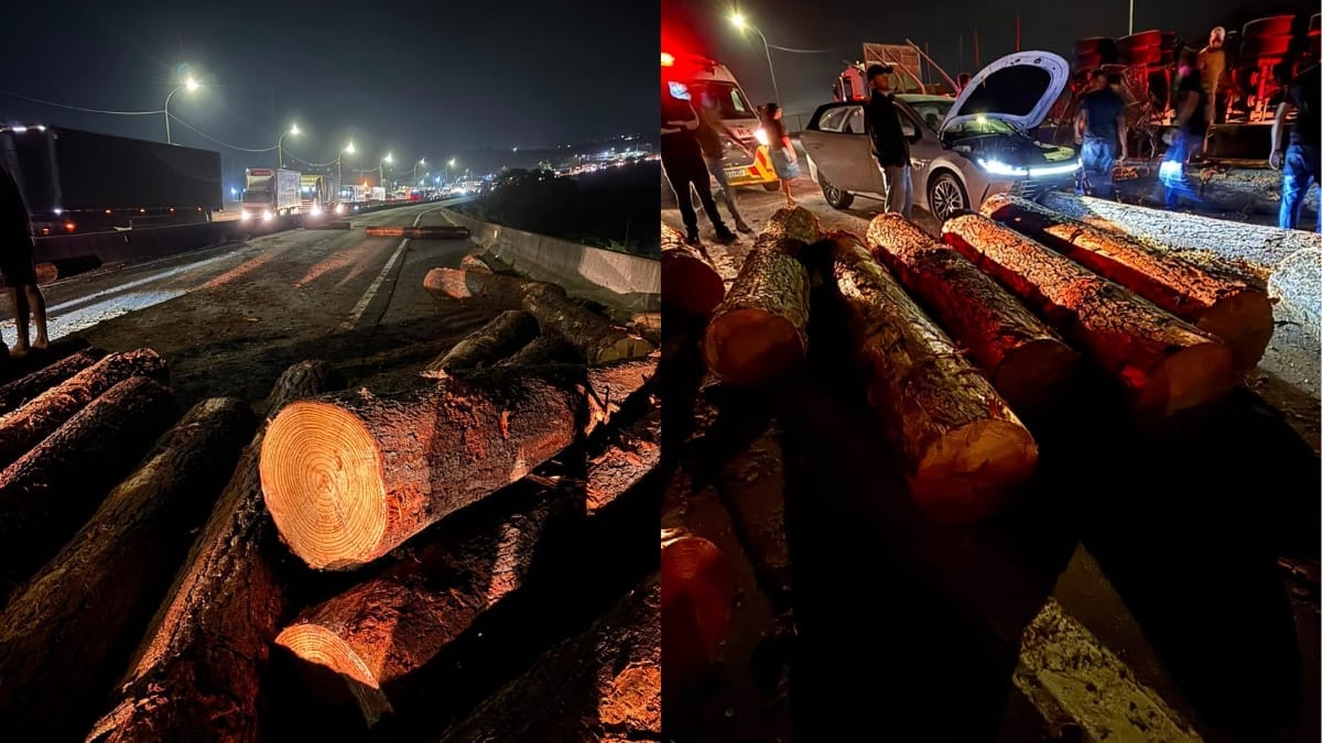 Toras se espalharam na pista (Foto Divulgação, CBMSC)