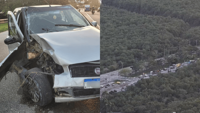 Acidente provocou longas filas em Florianópolis (Foto: GMF, Divulgação; NSC TV, Reprodução)