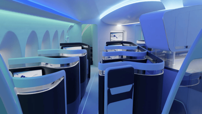 Divisórias curvas criam espaços mais reservados dentro da cabine, uma das possibilidades abertas pelo formato sem o tradicional “tubo” central (Foto: Divulgação / JetZero e Factorydesign)