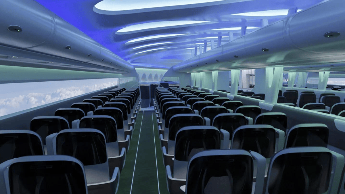 Conceito mostra como a fuselagem larga do Z4 poderá criar setores separados dentro da cabine (Foto: Divulgação / JetZero e Factorydesign)