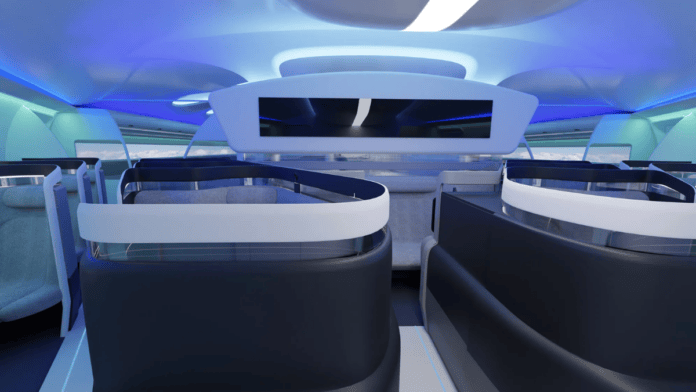 Outro conceito mostra como suítes e corredores poderiam ocupar diferentes setores dentro da fuselagem extremamente larga do avião (Foto: Divulgação / JetZero e Factorydesign)