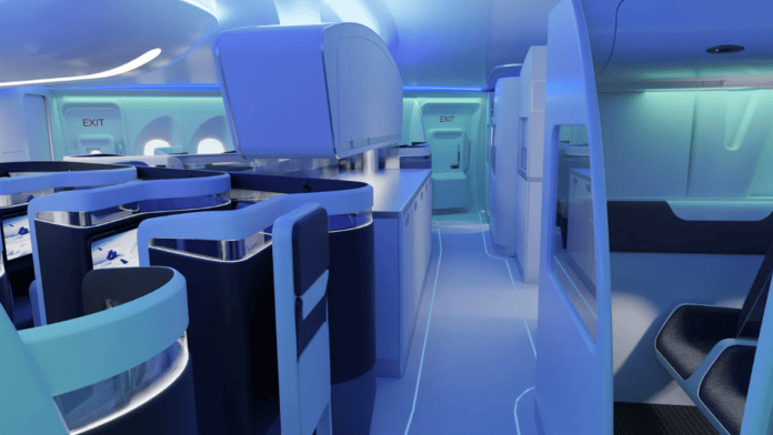 Área premium imaginada para o JetZero troca fileiras tradicionais por módulos individuais separados por divisórias curvas (Foto: Divulgação / JetZero e Factorydesign)