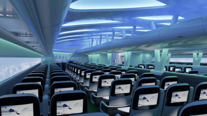 Conceito de cabine mostra dezenas de assentos distribuídos em um espaço muito mais largo, com uma grande tela lateral funcionando como janela virtual (Foto: Divulgação / JetZero e Factorydesign)