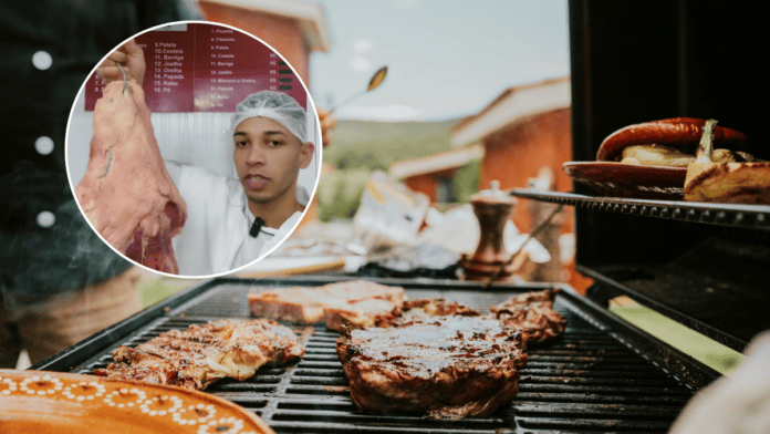 Montagem mostra carnes assando na churrasqueira e açougueiro apresentando fraldinha bovina como opção barata para churrasco.