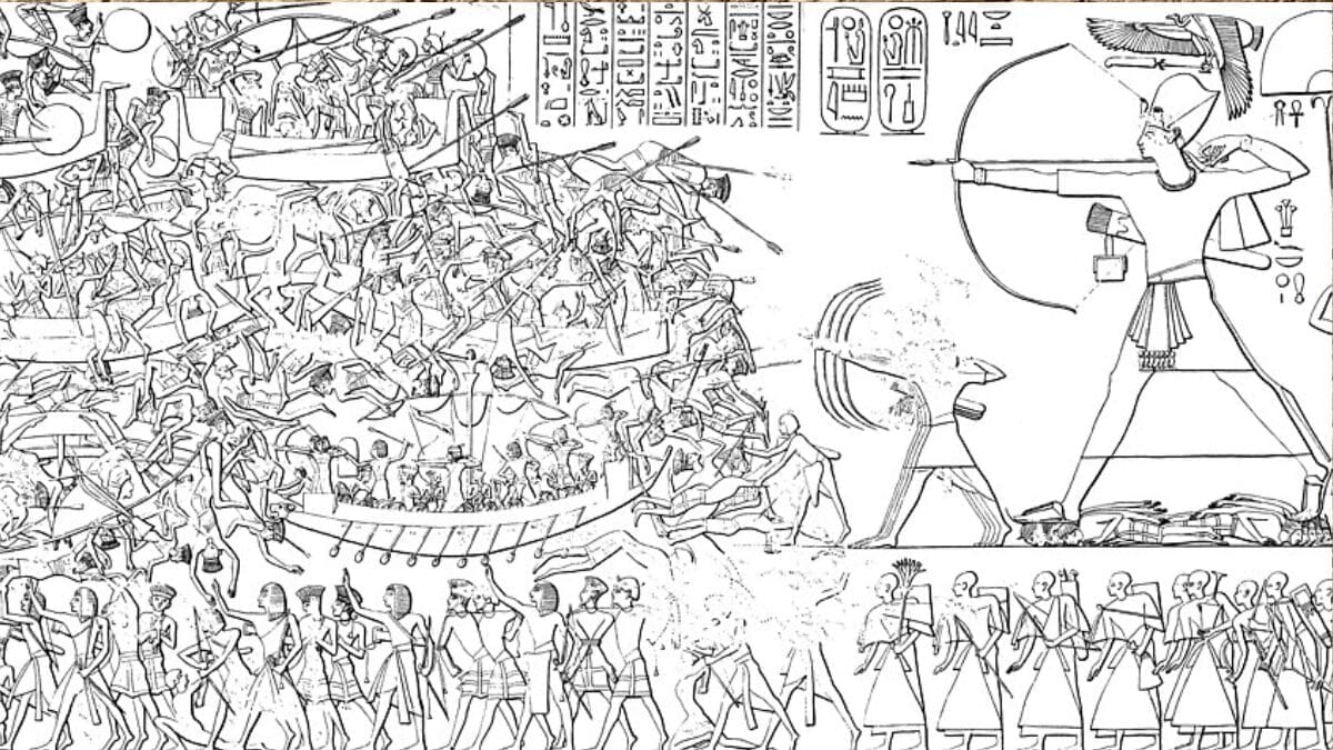IIlustração da inscrição da "guerra dos povos do mar" na parede nordeste do templo do falecido Ramsés III em Medinet Habu, Egito.(Foto: Antonio Beato / Wikimedia Commons)