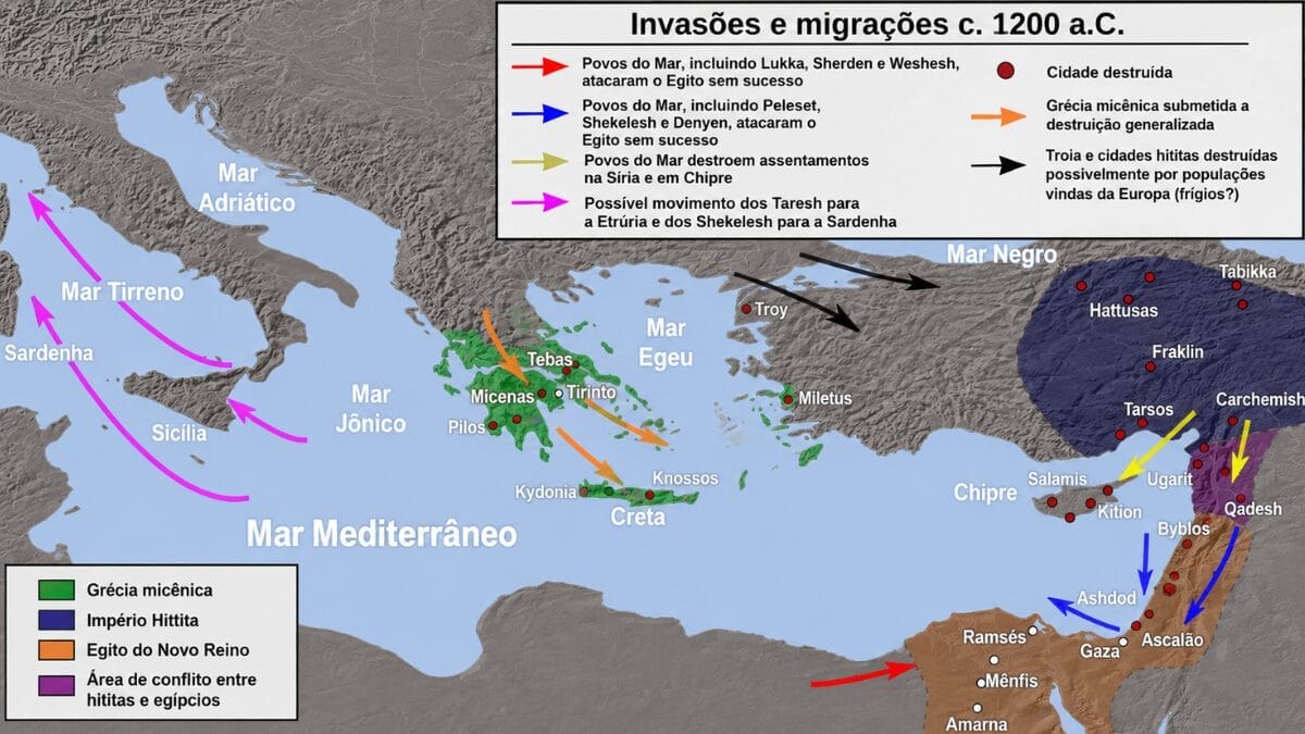 Os Shekeleshs poderiam ser associados aos antigos povos da Sicília, na Itália; os Sherden aos povos da Sardenha, França; e Lukka aos povos da Lícia, na Turquia (Mapa: Alexikoua / Wikimedia Commons)