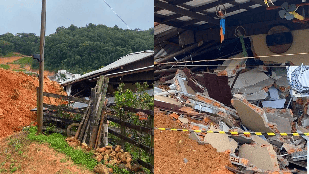 Imagens mostram a força do deslizamento que atingiu a residência (Foto: Thiago Fontoura, NSC TV)