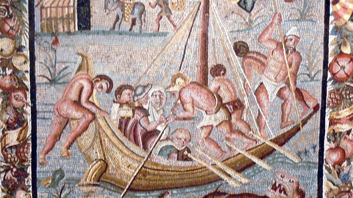 Além de irrigar as lavouras, o Nilo também funcionava como grande estrada líquida do Egito, e este mosaico romano lembra que o rio foi durante séculos a principal via para transportar pessoas, mercadorias e matérias-primas (Foto: Wolfgang Sauber / Wikimedia Commons)