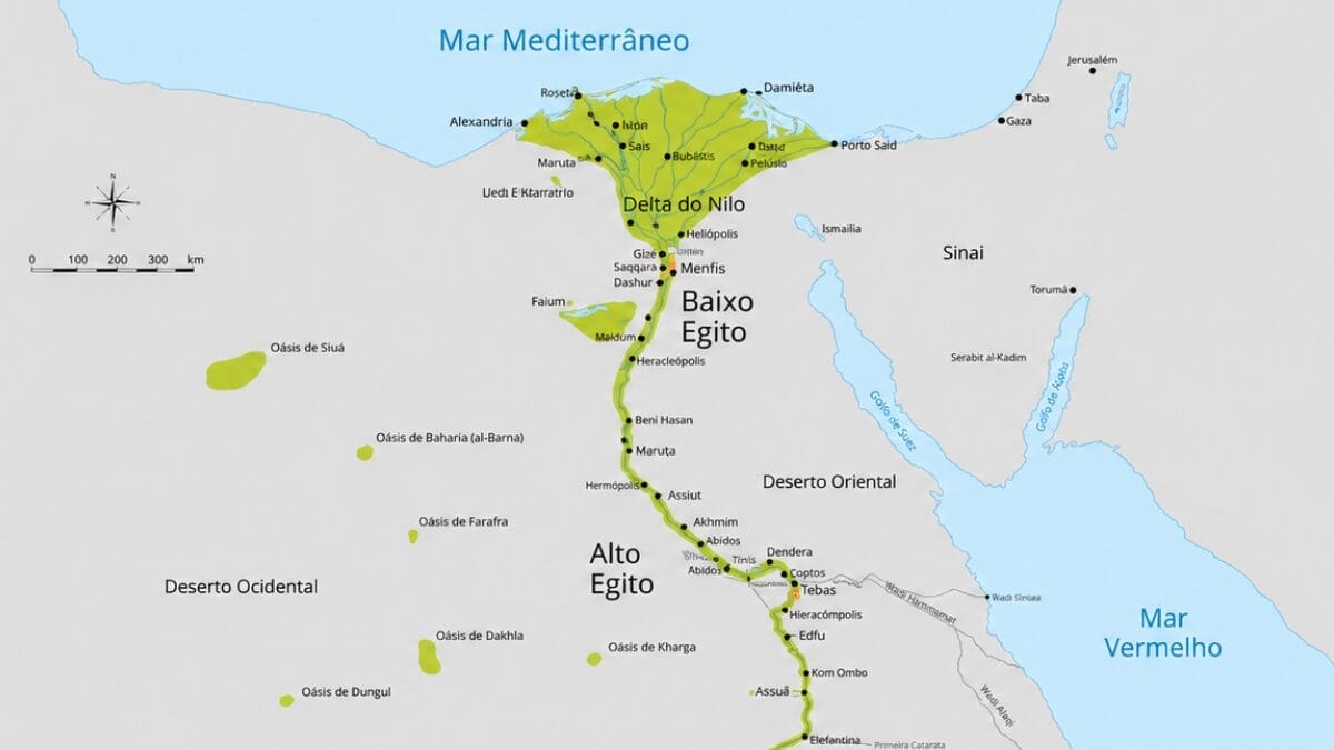 Esse mapa do Egito antigo amplia a cena e mostra como o rio organizava o território, ligando o Delta, o Baixo Egito e o Alto Egito em uma faixa contínua de ocupação entre cerca de 3150 a.C. e 30 a.C. (Foto: Jeff Dahl e Polyethylen / Wikimedia Commons)