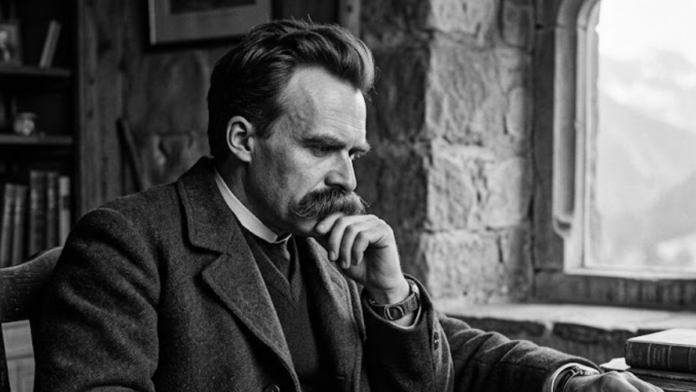 Retrato fotográfico de Nietzsche em preto e branco,