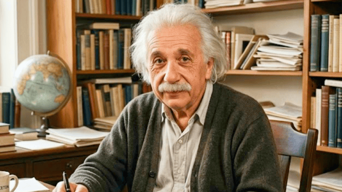 Retrato fotográfico de Einstein em fase madura, em ambiente de trabalho ou doméstico em Princeton, preferencialmente do início dos anos 1950.