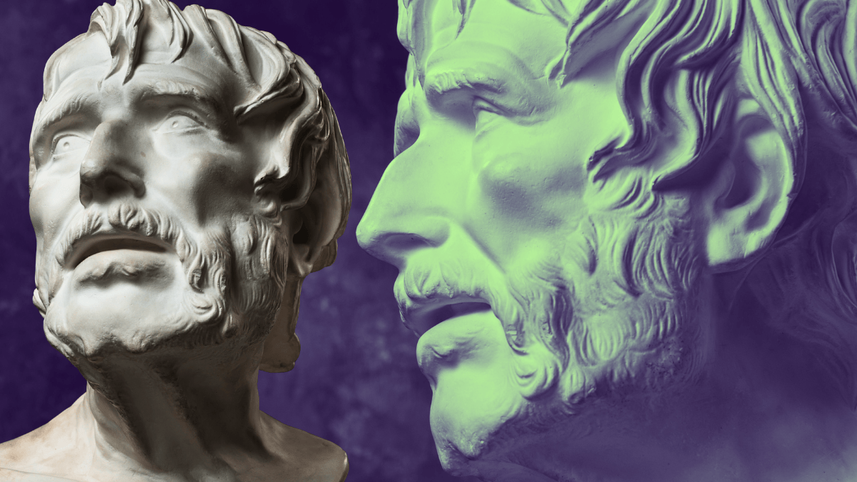 Busto de Sêneca em mármore, fotografado em museu, fundo neutro. 16:9