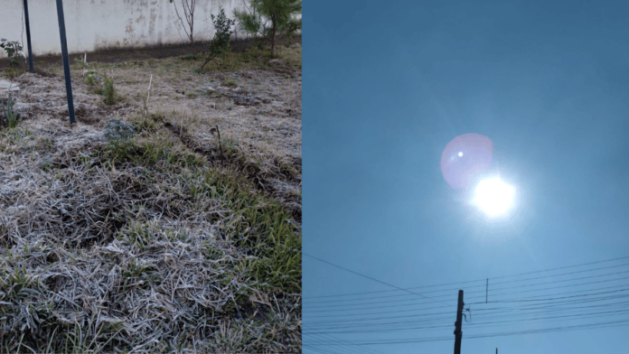 de um lado, grama com geada, do outro, sol e céu azul
