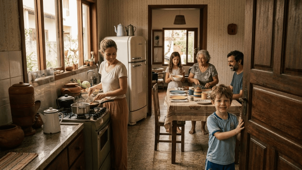 menino entrando em casa na cozinha e enocntrando os familiares preparando o almoço, colocando a mesa, e ele esta um pouco sujo e cansado de quem acabou de chegar de uma brincadeira na rua