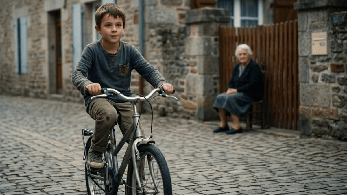 Menino de bicicleta em rua de paralelepípedo, com uma mulher de idade sentada no portão de casa ao fundo, observando.