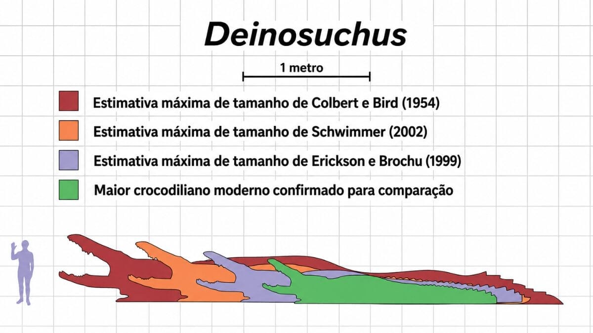 Os pesquisadores reconhecem uma limitação: animais extintos podem ter apresentado proporções ausentes entre os crocodilianos vivos usados como referência (Infográfico: FanCollector e Matt Martyniuk / Wikimedia Commons)