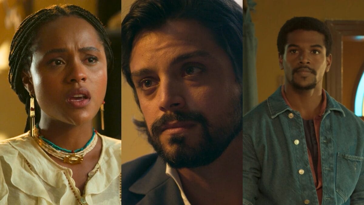 Alika (Duda Santos), Omar (Rodrigo Simas) e Tonho (Ronald Sotto) em A Nobreza do Amor, novela das seis da TV Globo