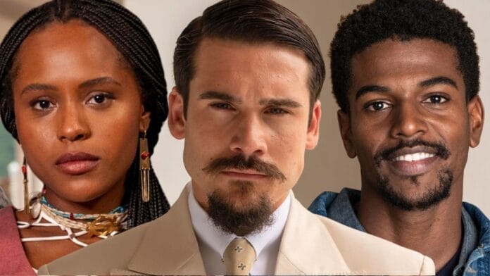 Alika (Duda Santos), Mirinho (Nicolas Prattes) e Tonho (Ronald Sotto) em cena de A Nobreza do Amor, novela das seis da TV Globo